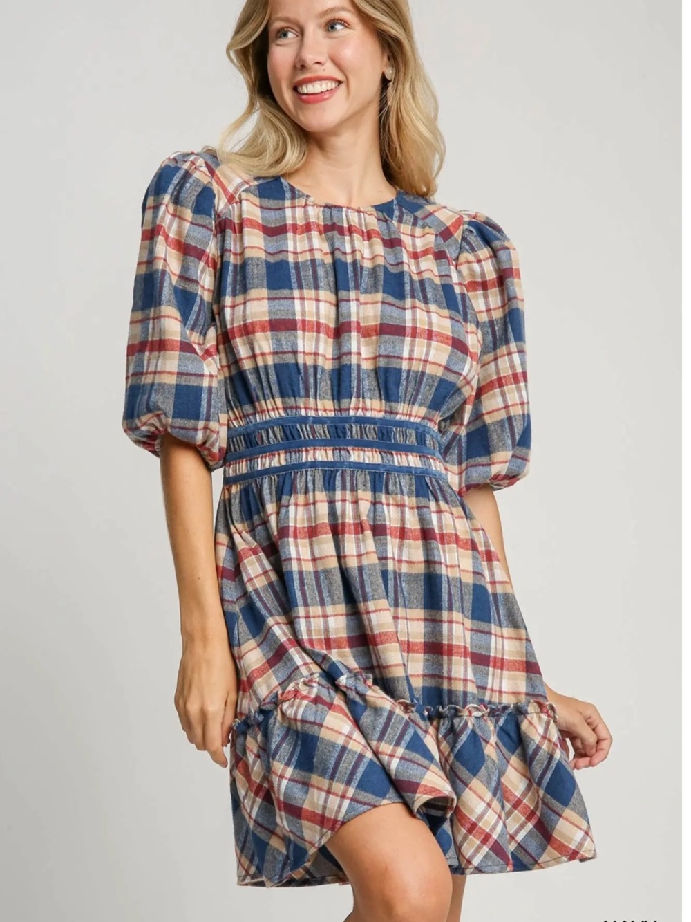 Umgee Plaid Puff Sleeve Mini Dress NWT | Americana Picnic Cottagecore - Picture 3 of 8